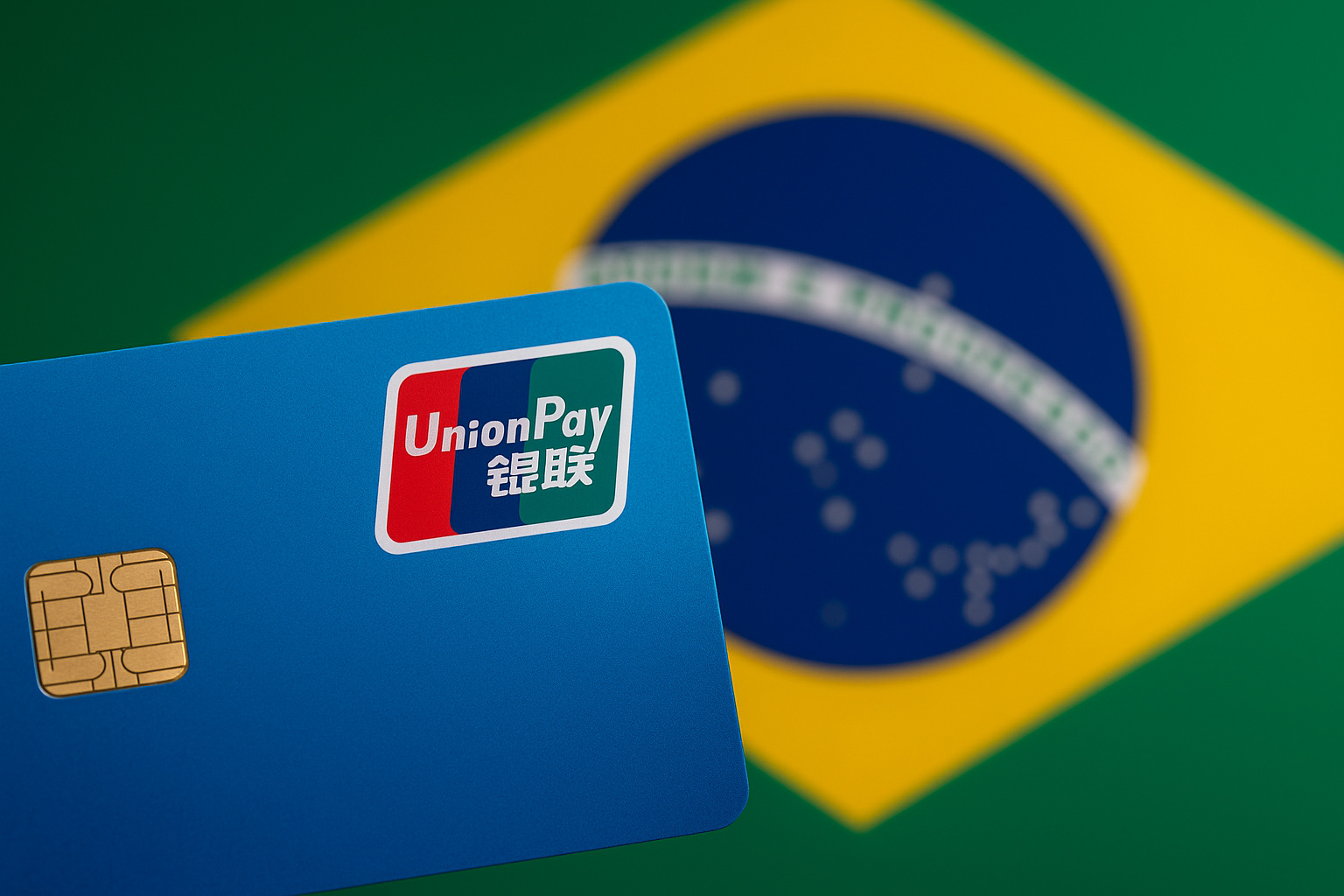 Cartão da UnionPay em destaque com bandeira do Brasil ao fundo