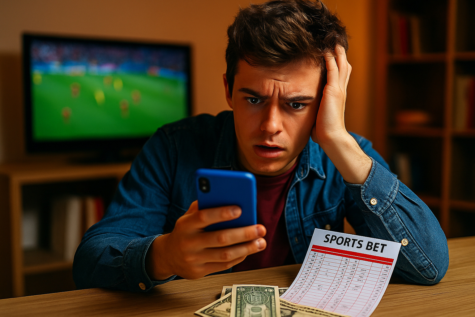 Jovem preocupado com apostas esportivas on-line, dinheiro e boleto à mesa, refletindo impacto financeiro das bets no acesso ao ensino superior privado.