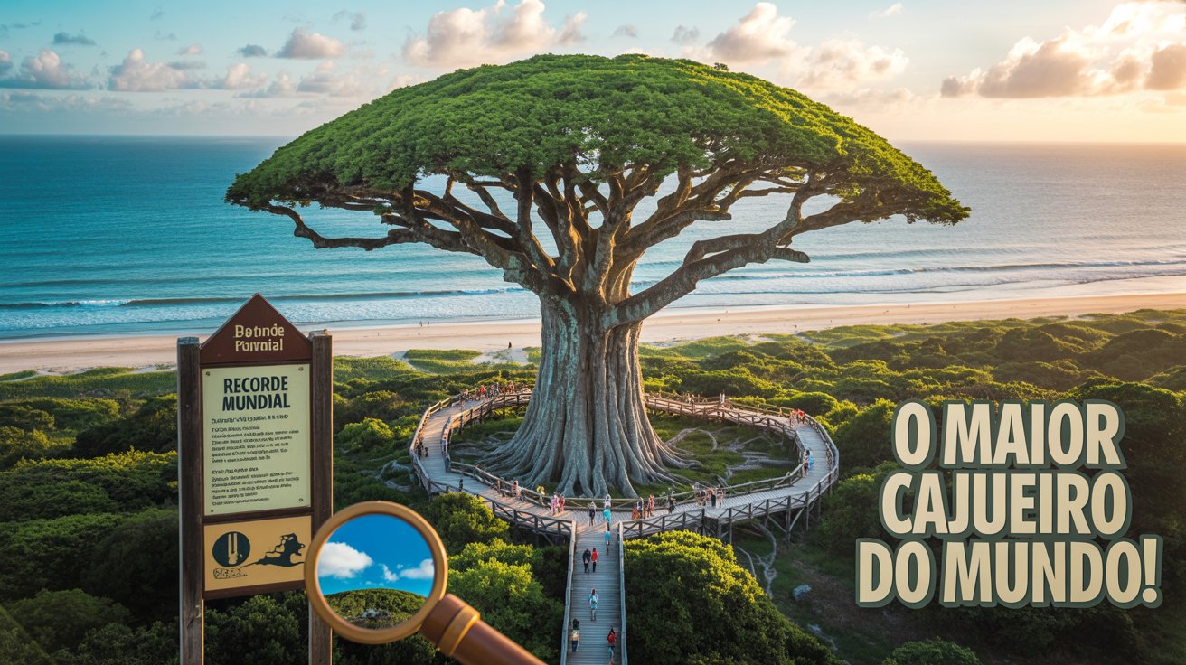 Crie uma thumbnail vibrante e instigante mostrando uma vista aérea espetacular do Cajueiro de Pirangi, destacando a imensa copa verde que cobre a praia, contrastando com o mar azul-turquesa ao fundo. Insira turistas caminhando por passarelas de madeira no meio da copa, evidenciando a escala gigantesca da árvore comparada com as pessoas. Inclua uma placa turística ao lado da árvore e elementos gráficos como um marcador de “Recorde Mundial” e um ícone de lupa, sugerindo mistério e descoberta. A imagem deve ser colorida, de alto contraste, com toque moderno, visualmente clara mesmo em telas pequenas. O clima deve ser de surpresa, como se a natureza escondesse um segredo extraordinário em meio à praia. Melhor posição para o texto na imagem: No canto inferior direito, respeitando as margens, para não cobrir a copa da árvore, mas ainda assim destacar a mensagem. Frase curta, enigmática e criativa: “O CAJUEIRO QUE ‘ANDA’!” Sugestão de fonte: Bebas Neue ou Impact, para garantir legibilidade e presença visual típica de thumbnails virais. (Imagem: ilustração IA)