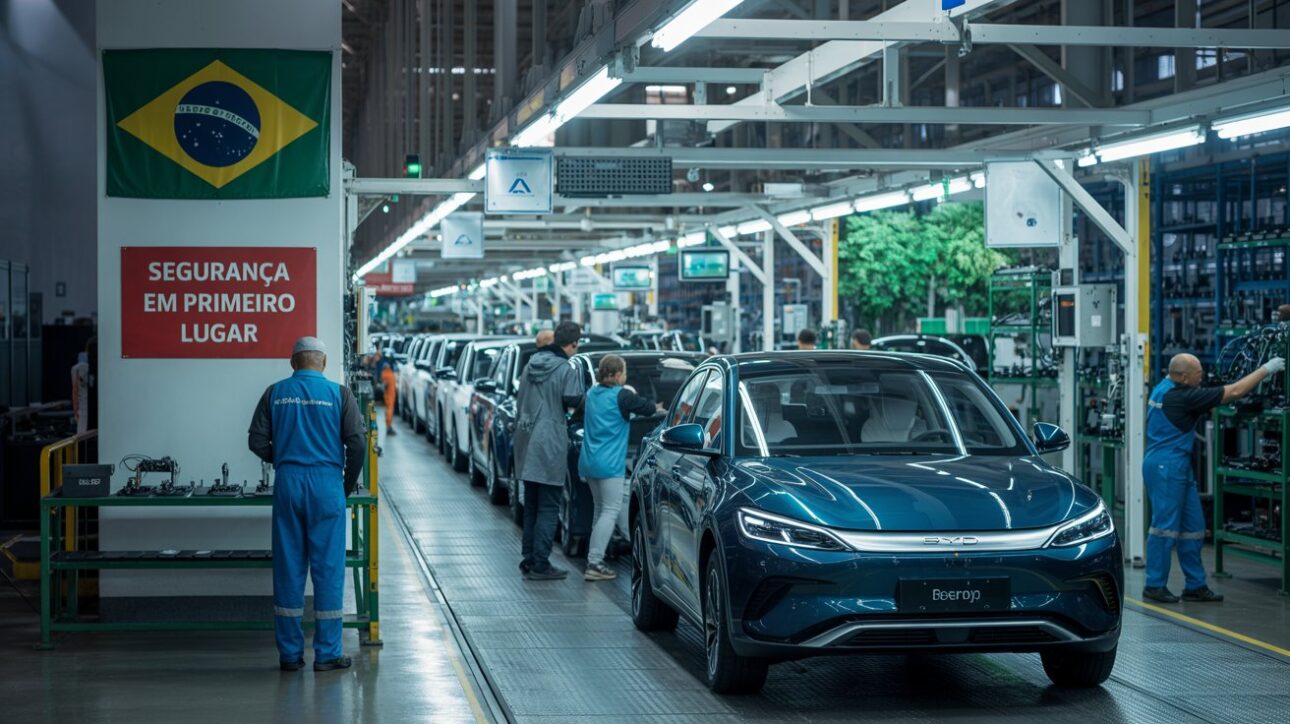 Fábrica da BYD no Brasil com produção de veículos elétricos e ambiente industrial típico.
(Imagem: ilustração IA)