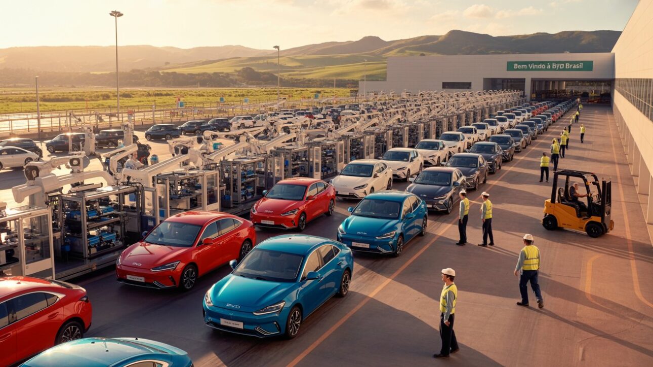 Linha de montagem da BYD em operação no país, destacando a presença da indústria automobilística chinesa no Brasil. (Imagem: ilustração IA)