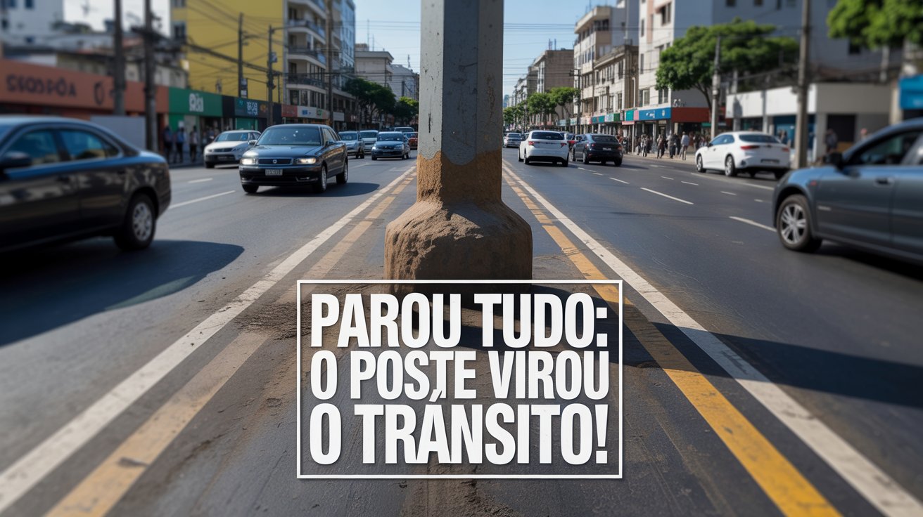 Poste no meio da rua causa caos no trânsito em Campo Grande, expõe falhas em obras de asfalto e preocupa moradores da Vila Vilas Boas.