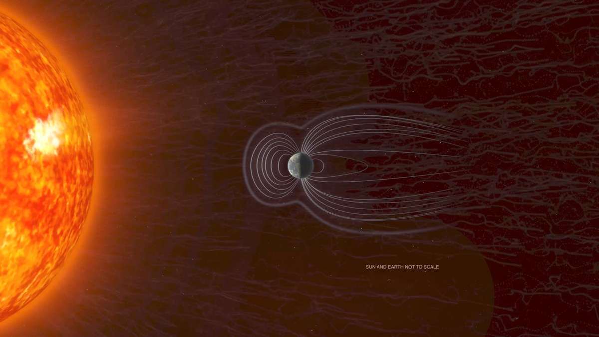Esta concepção artística mostra um estado representativo da bolha magnética da Terra imersa no vento solar lento, cuja velocidade média é de 290 a 480 km/s. Crédito: Laboratório de Imagens Conceituais do Centro de Voos Espaciais Goddard da NASA.