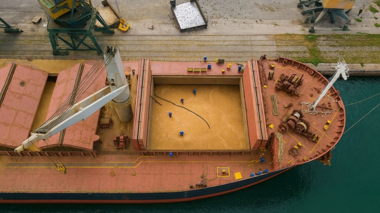 Vista aérea de navio graneleiro com escavadeira operando no porão, escotilhas abertas, mar calmo e porto com silos e guindastes ao fundo