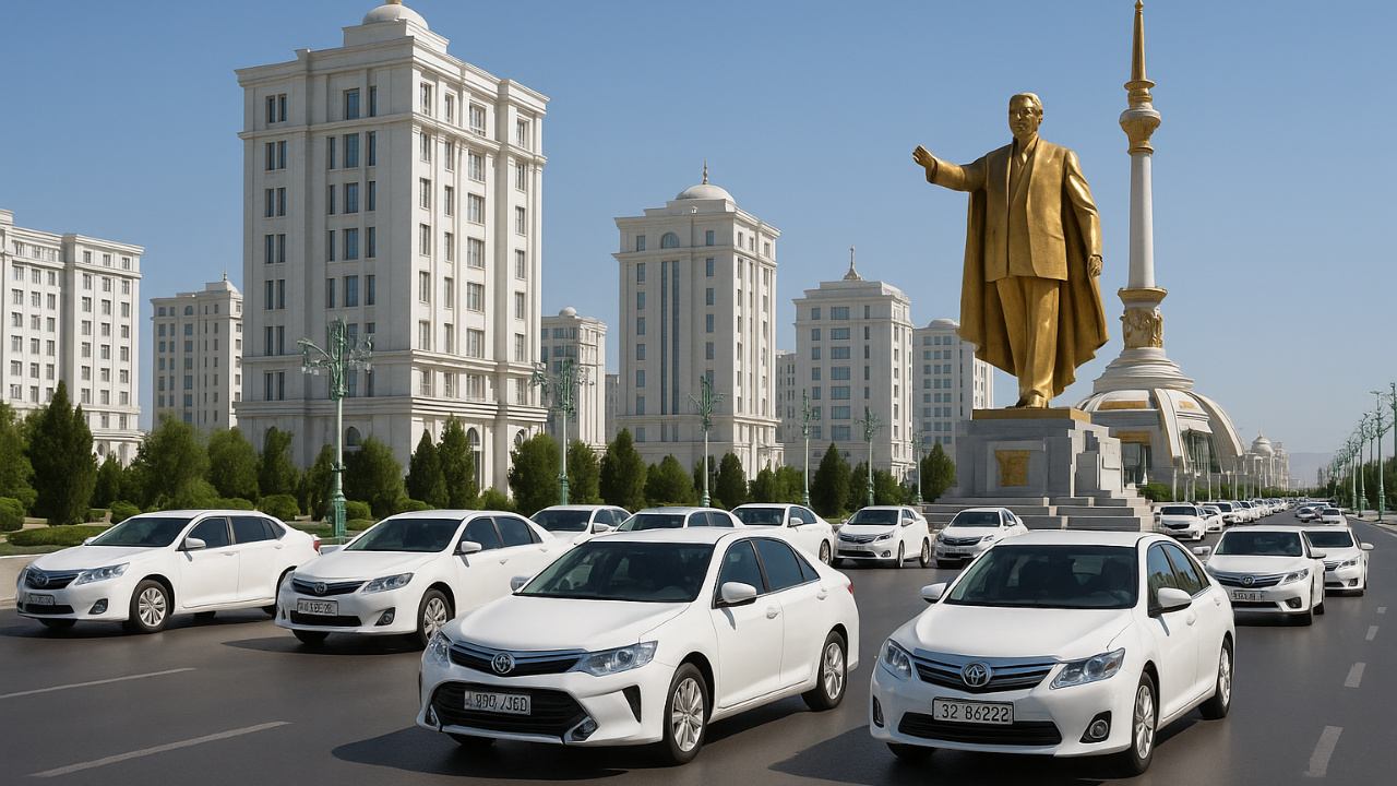 Por que Asgabate, no Turcomenistão, só permite carros brancos nas ruas? Entenda a lei inusitada que transformou a capital da Ásia Central. Fonte: gerado por Inteligência Artificial