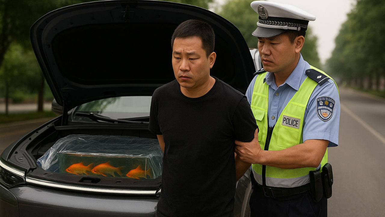 Chinês sendo preso após transformar carro em aquário. Fonte: gerado por IA