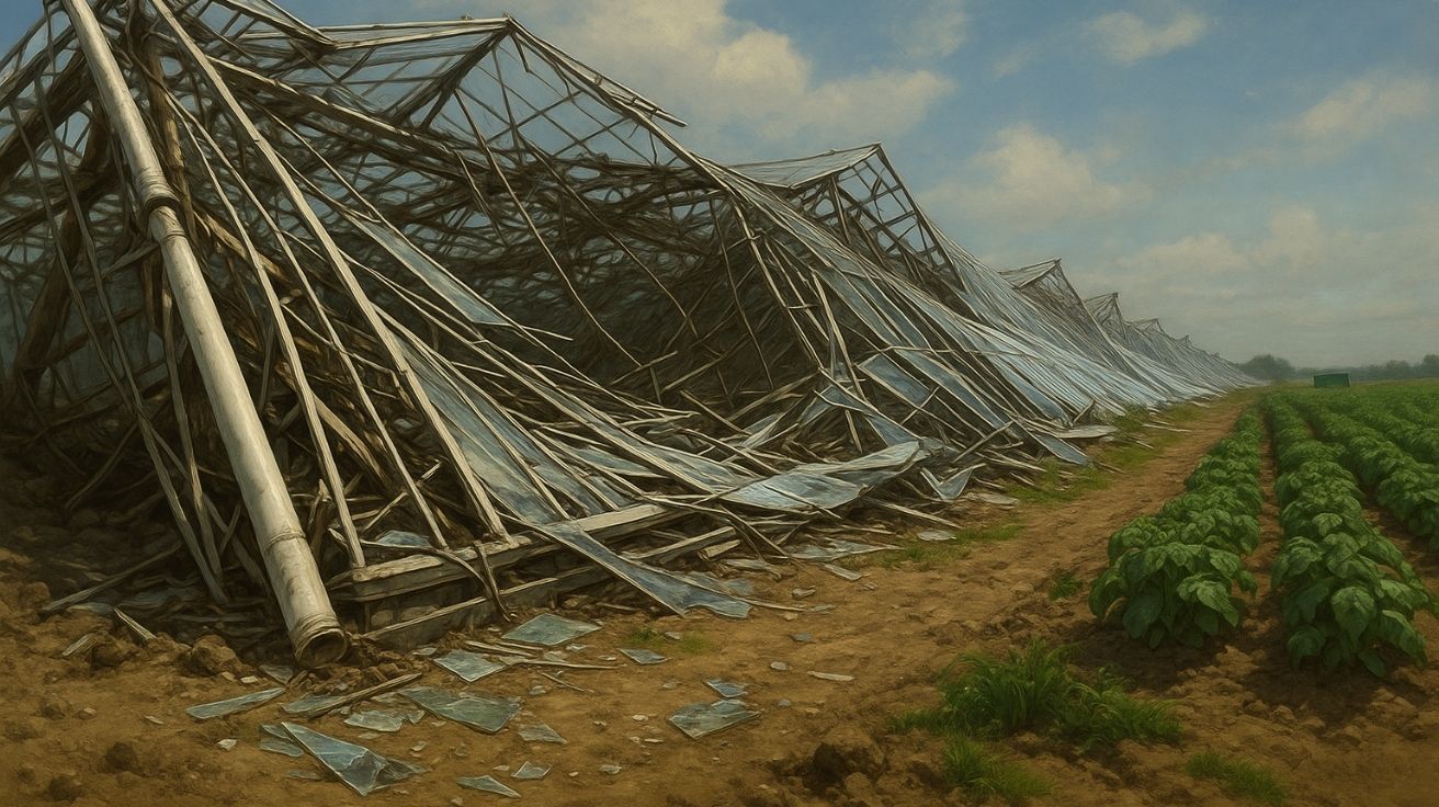 Ilustração realista de uma estufa agrícola colapsada com estrutura metálica destruída e plantações verdes ao lado em uma fazenda europeia