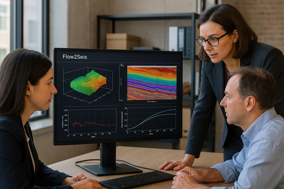 Pesquisadores analisando dados sísmicos com o software Flow2Seis em ambiente técnico de geociência
