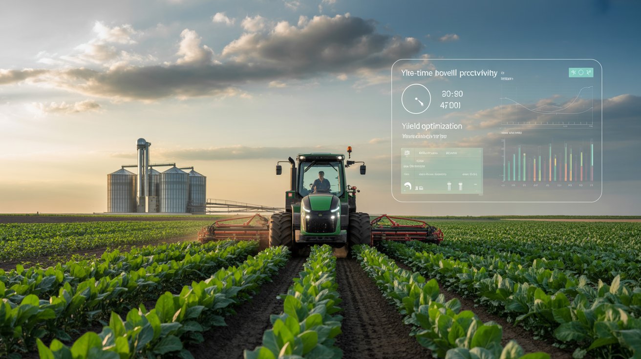 Trator autônomo operando em lavoura conectada com gráficos digitais de IA sobre produtividade e clima