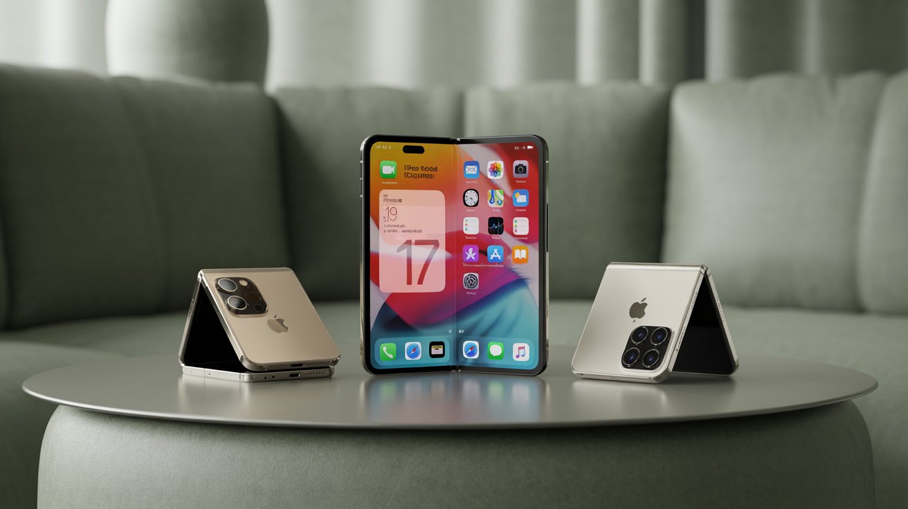 iPhone dobrável com tela aberta e sem vinco em ambiente moderno.