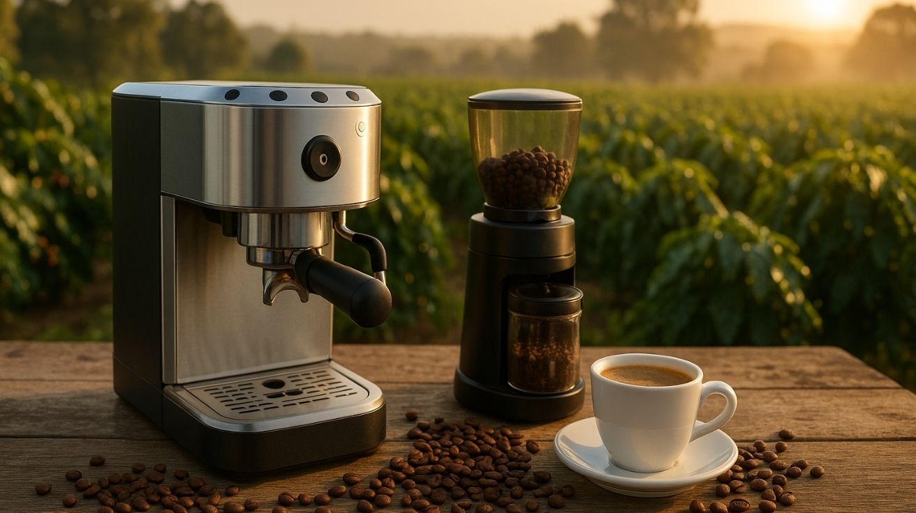 Máquina de café moderna com moedor e xícara servida em mesa de madeira, com plantação de café ao fundo ao amanhecer