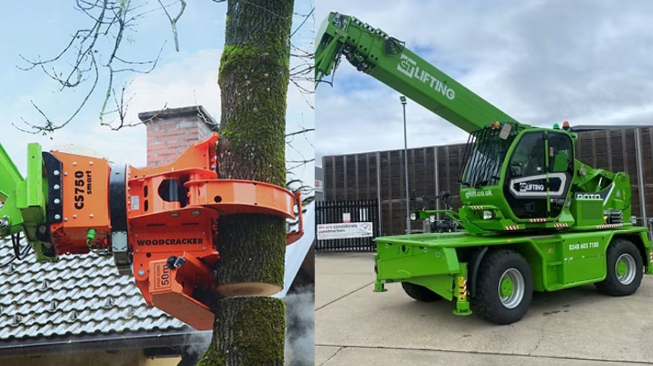 Imagem composta mostra à esquerda a garra hidráulica Westtech Woodcracker CS750 em ação, cortando uma árvore em ambiente residencial, e à direita a base operacional Merlo Roto 50.35, um manipulador telescópico com cabine inclinável e giro de 360°, responsável por sustentar e movimentar a serra. Juntas, essas máquinas formam uma potente máquina desflorestadora com alcance de 35 metros, ideal para remoção de árvores comprometidas ou perigosas.