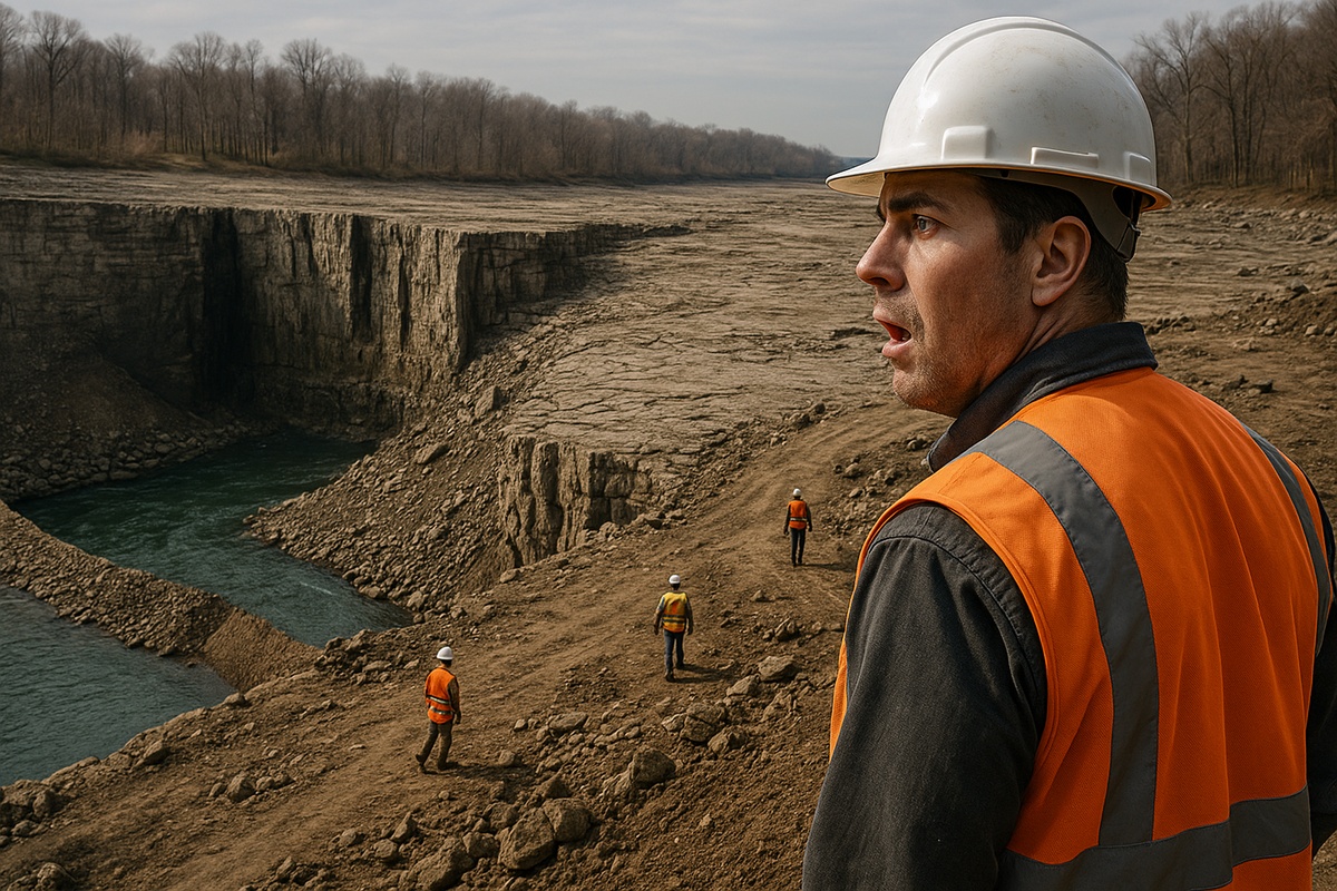 Engenheiro observa espantado o leito seco das Cataratas do Niágara durante operação histórica de bloqueio em 1969, com trabalhadores ao fundo.
