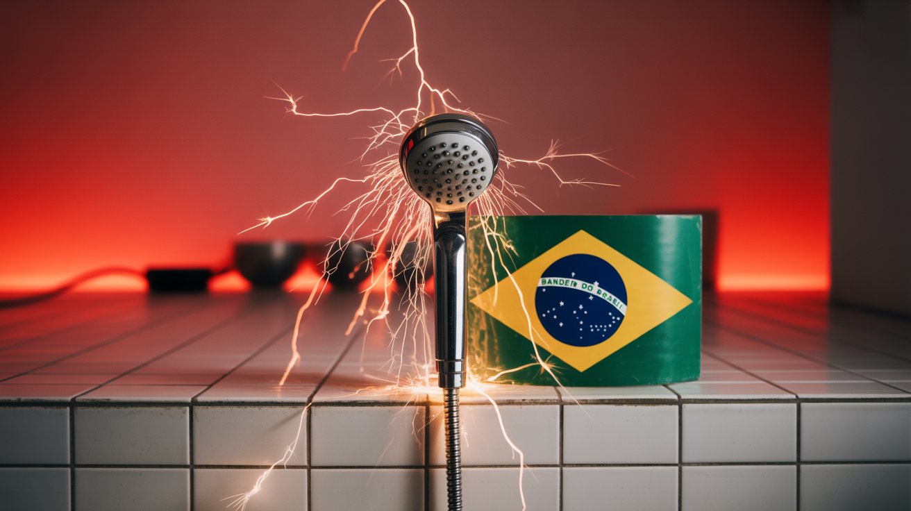 Chuveiro elétrico antigo com fiação exposta e risco de faíscas em banheiro residencial.
