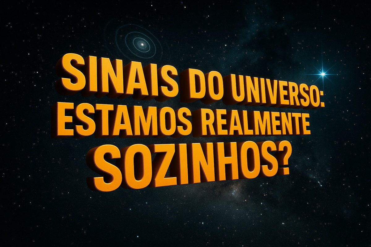 Letreiro 3D laranja com a frase “Sinais do universo: estamos realmente sozinhos?” sobre fundo de galáxia e sinais de rádio no espaço.