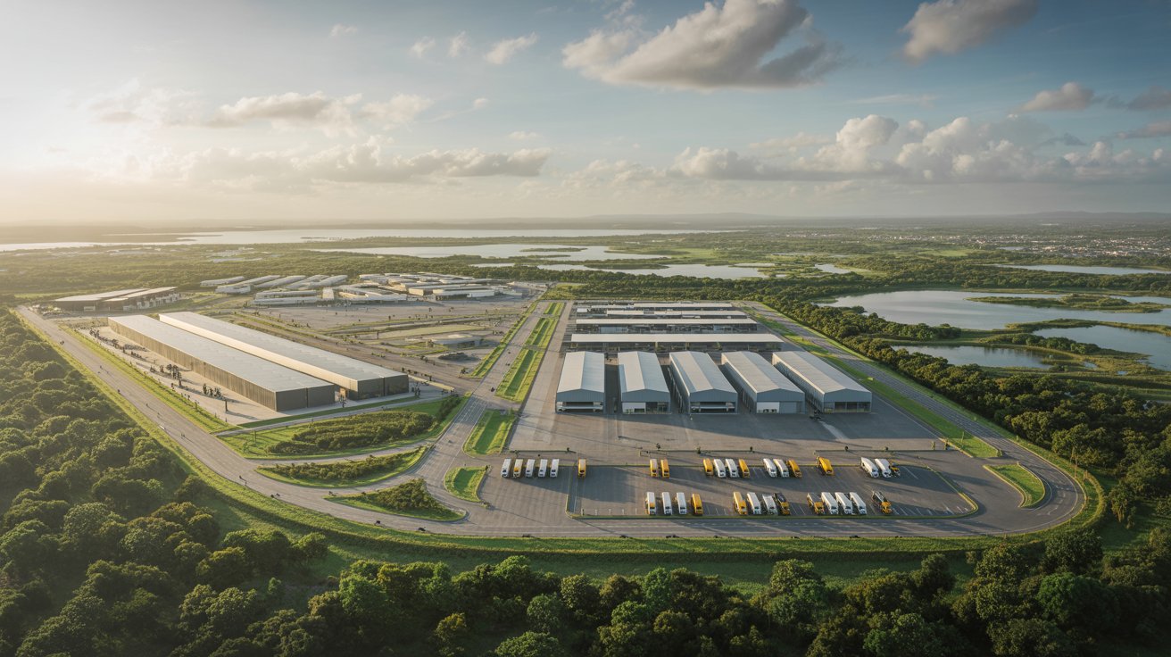 Fábrica de carros elétricos no Ceará com painéis solares e linha de montagem moderna