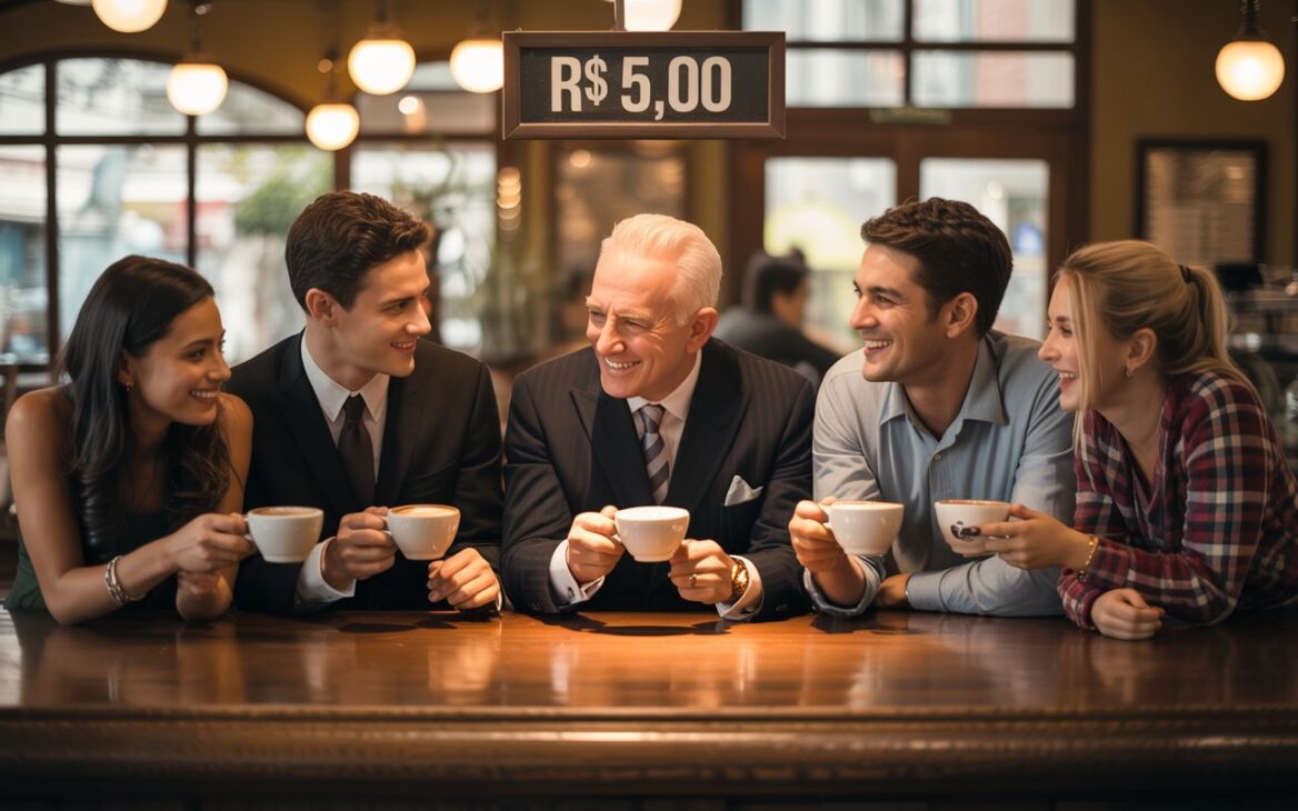 Uma ilustração realista mostrando uma cafeteria aconchegante com balcão de madeira, cinco xícaras de café fumegantes sobre a vitrine, cinco clientes diferentes (mulher jovem, homem de terno, idoso, estudante e turista) sorrindo, cada um segurando sua xícara. Preço visível na placa: “R$ 5,00”. Luz quente e ambiente acolhedor.