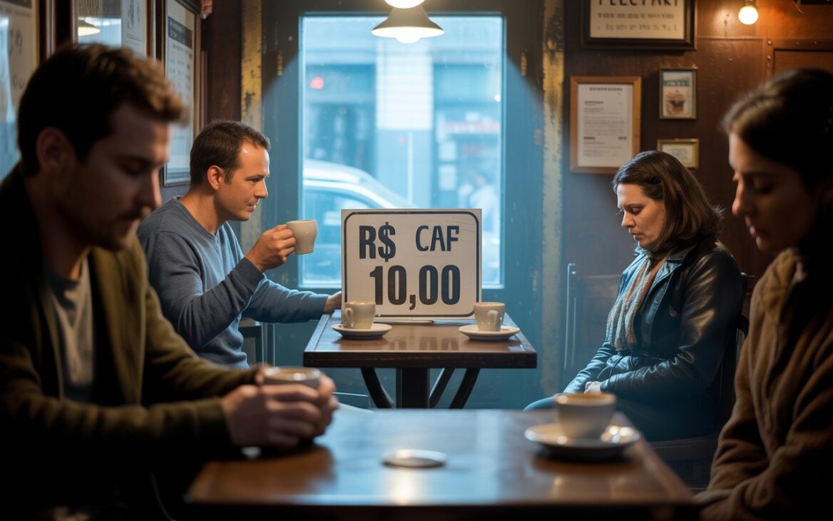 Imagem realista mostrando a mesma cafeteria do prompt anterior, mas agora com a placa de preço alterada para “R$ 10,00” por xícara. Clientes com expressões de surpresa e indignação, alguns segurando apenas uma xícara, outros olhando o bolso vazio. Iluminação mais fria para indicar a mudança de clima.