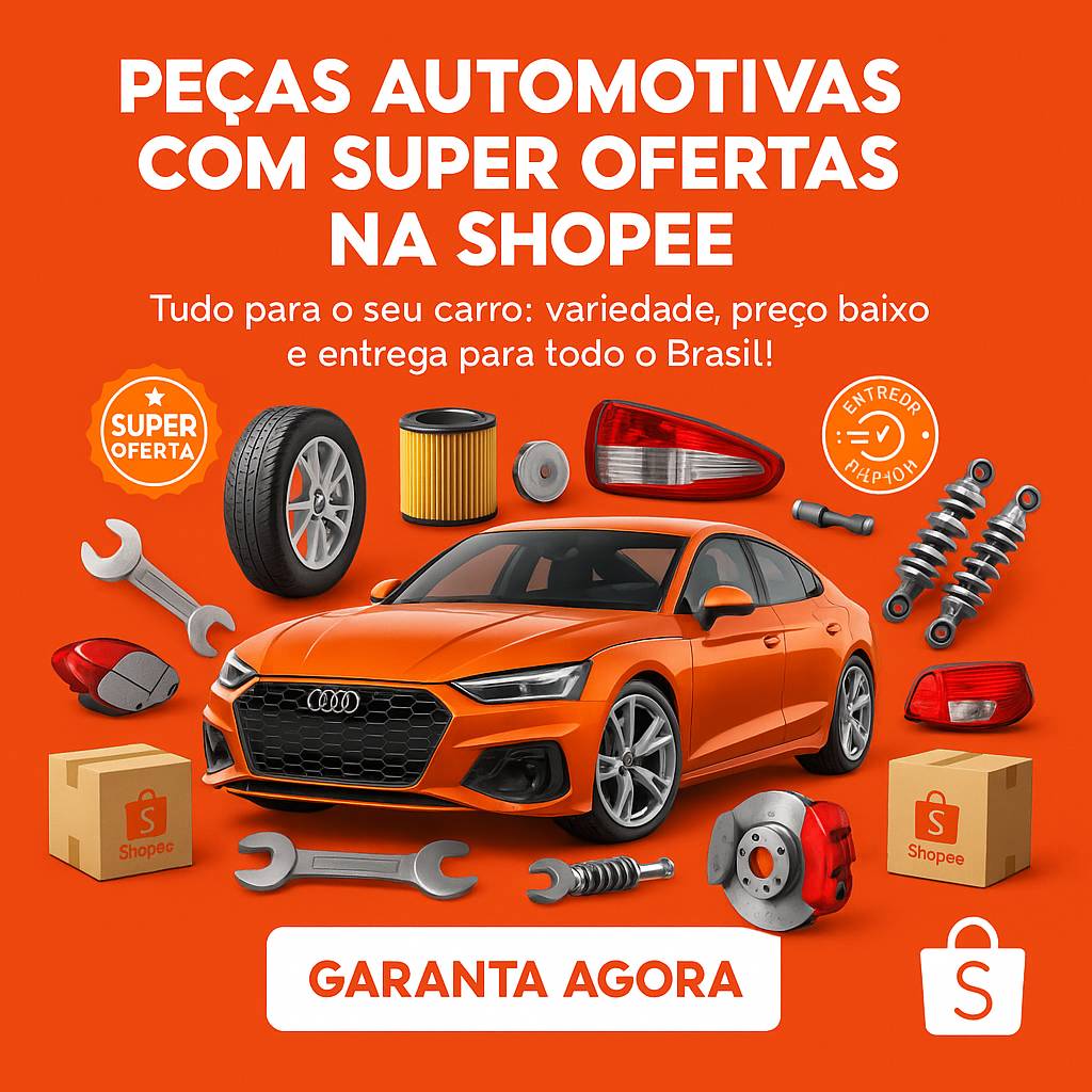 Banner vertical da Shopee para peças automotivas, fundo laranja, carro esportivo, peças e botão de compra.