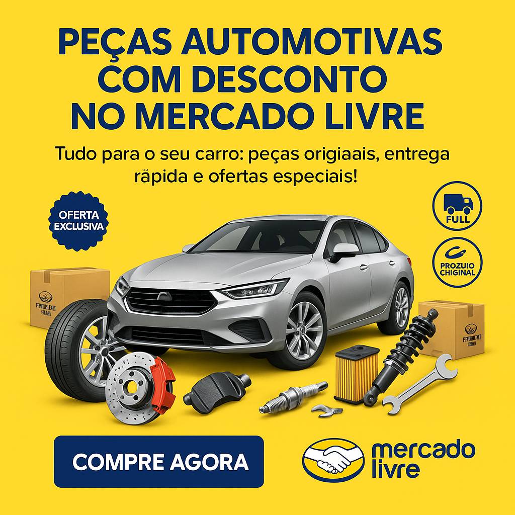 Banner vertical de peças automotivas para Mercado Livre com fundo amarelo, carro esportivo, peças de reposição e call-to-action de compra.