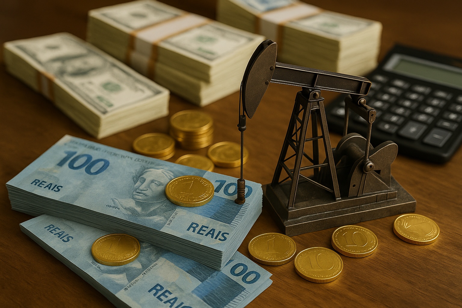 Notas de 100 reais e moedas ao lado de uma miniatura de bomba de petróleo simbolizando a arrecadação de R$ 325 bilhões pelo setor de óleo e gás em 2023.