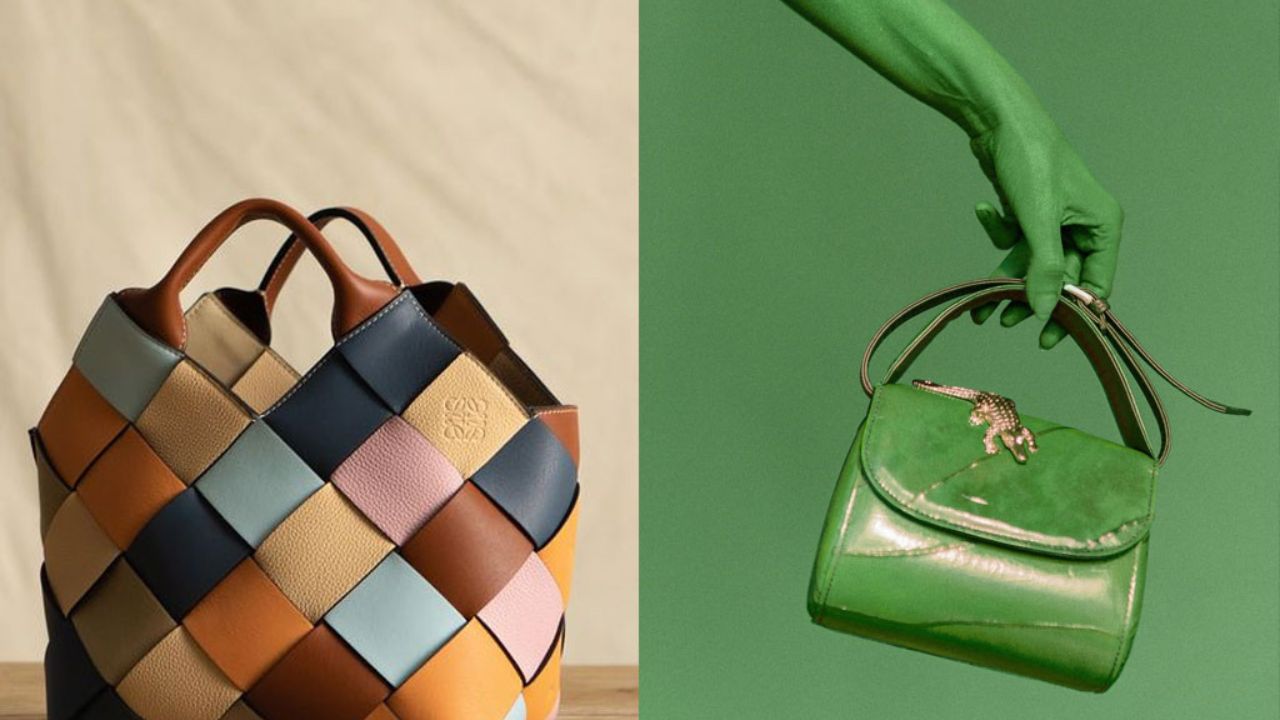 Imagem: Divulgação. Direita: bolsa da francesa Amélie Pichard e à esquerda Loewe, bolsa feita com sobras de couro vegano brasileiro.