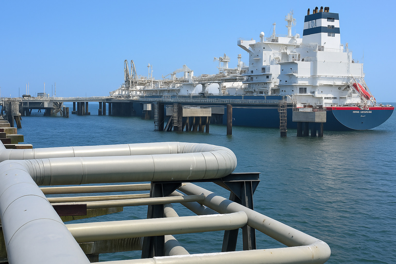 Navio atracado em terminal marítimo com dutos metálicos em primeiro plano e céu limpo ao fundo.