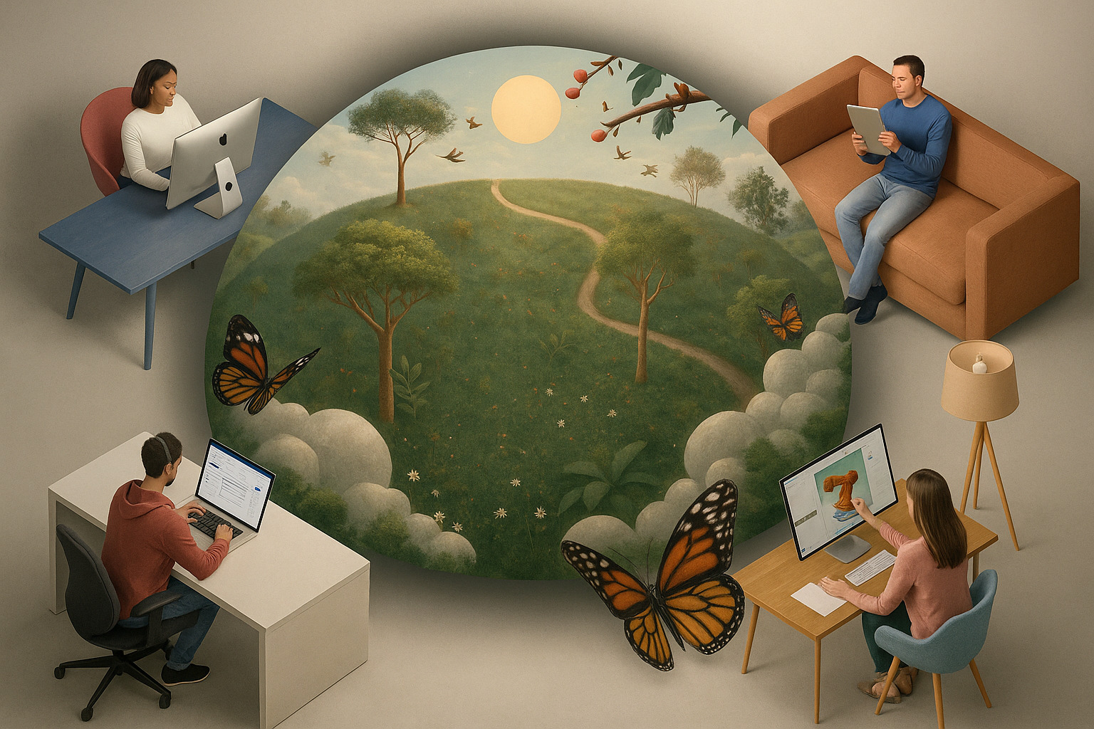 Quatro pessoas usando computadores e tablets em diferentes ambientes domésticos e profissionais, ao redor de uma representação digital realista de um campo verde com árvores, borboletas e céu ensolarado.