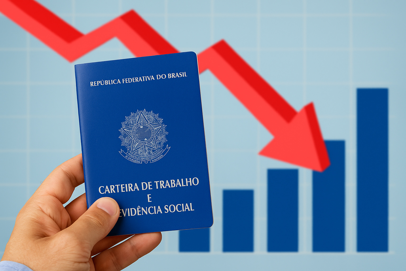 Carteira de Trabalho com gráfico em queda simbolizando redução na criação de empregos formais no Brasil em julho de 2025.