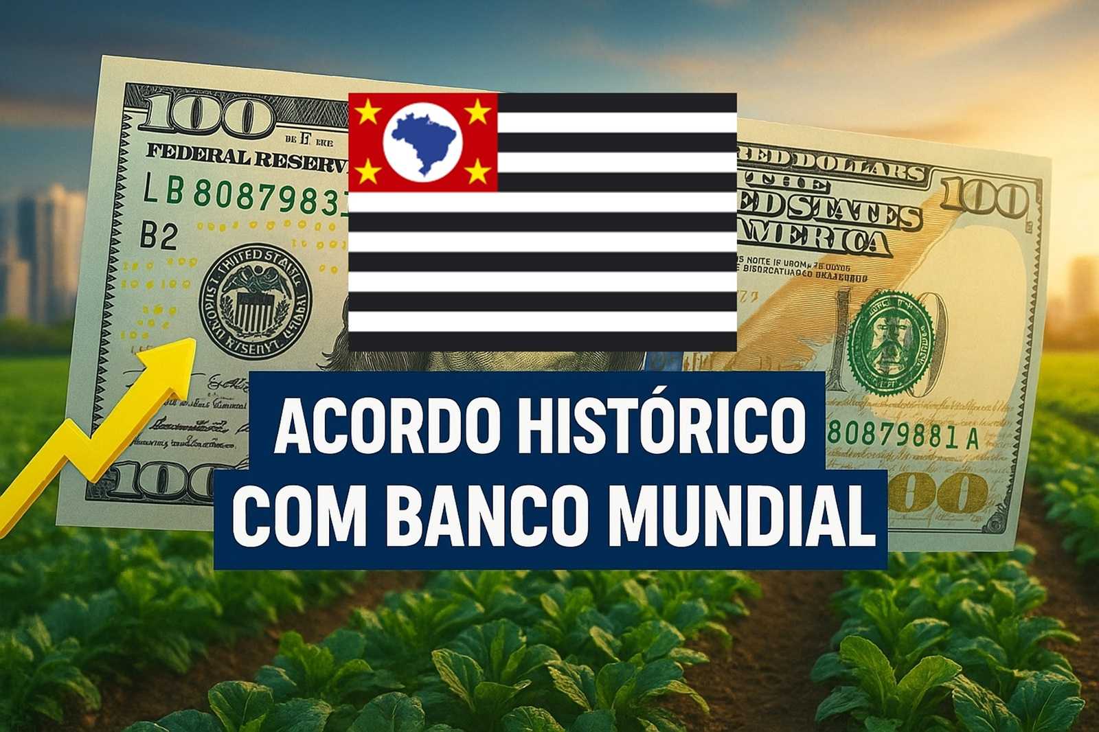 Nota de 100 dólares com bandeira de São Paulo sobre cultivo agrícola, simbolizando financiamento do Banco Mundial.