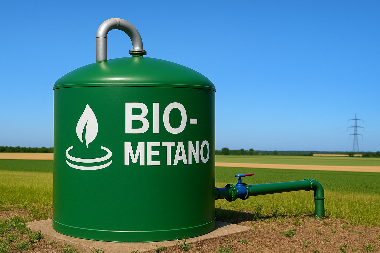 Tanque verde de biometano em área rural com céu limpo e azul.