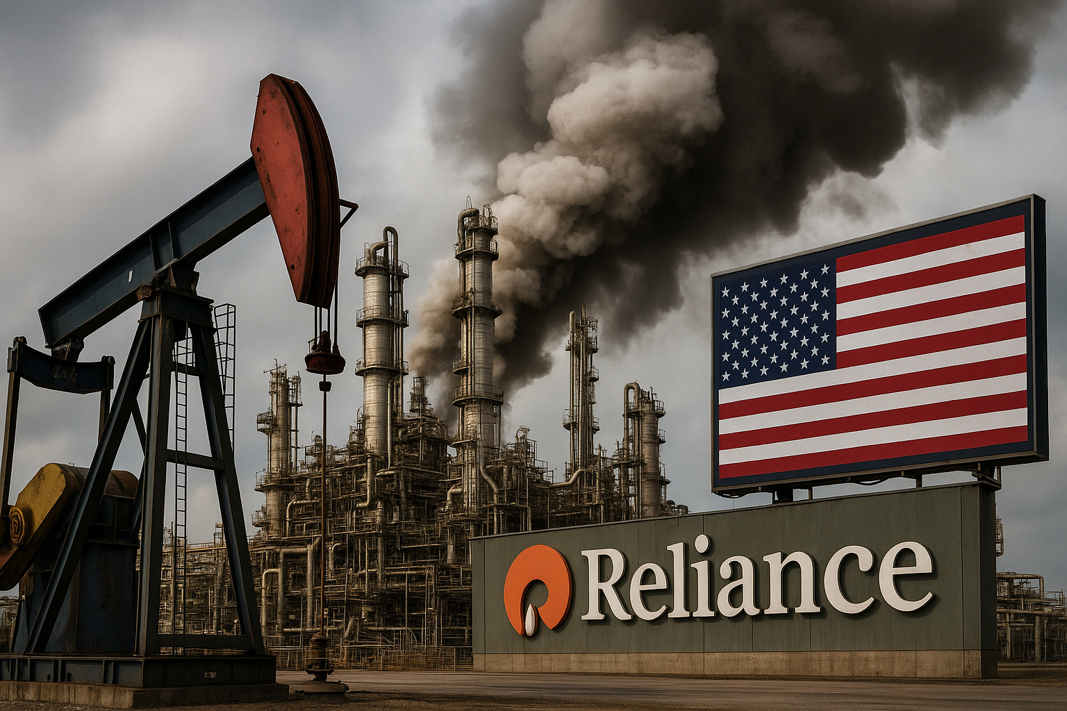 Refinaria da Reliance na Índia com bandeira dos EUA ao fundo, simbolizando lucros com petróleo russo e tensões comerciais