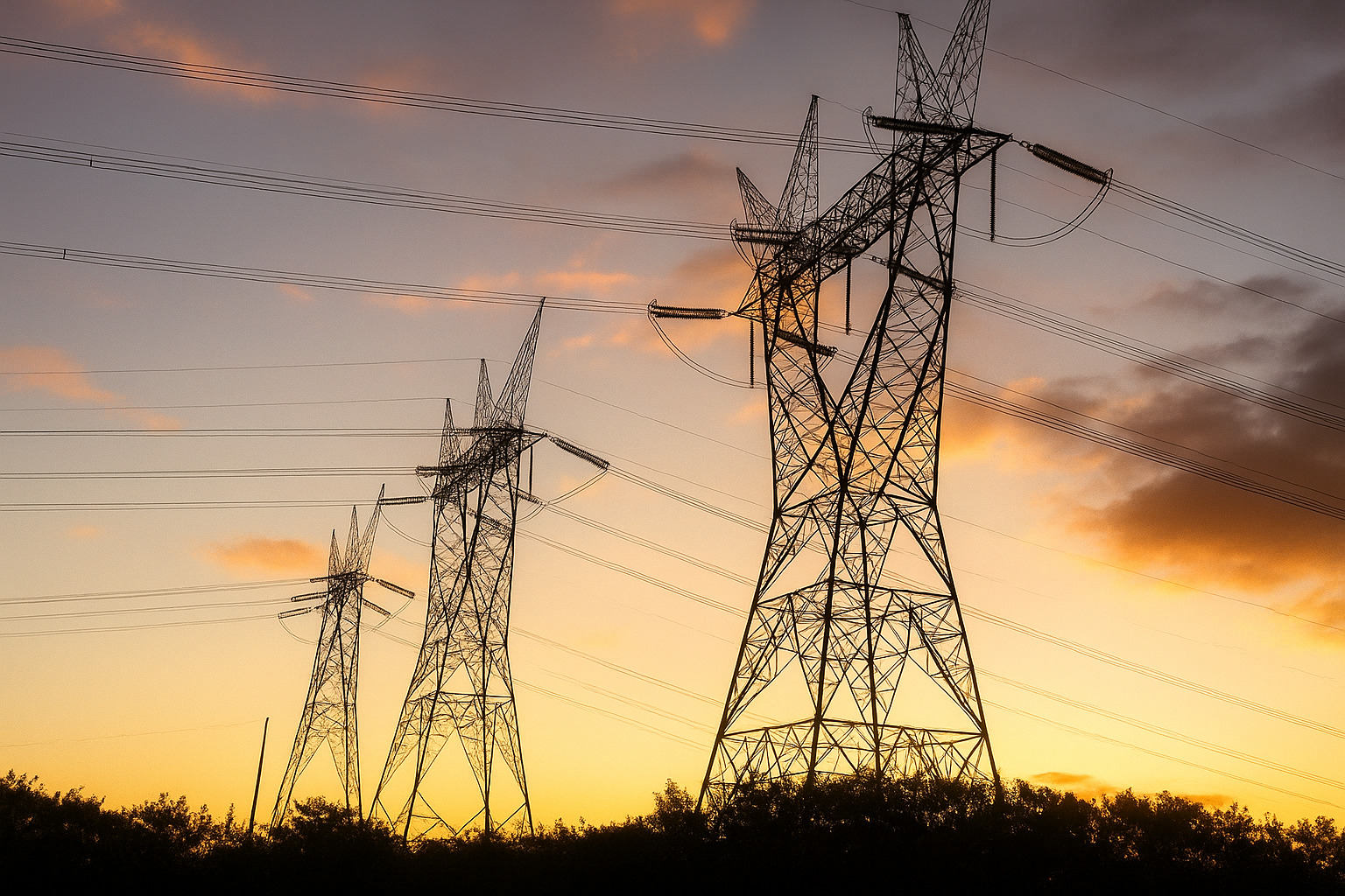 Linhas de transmissão de energia elétrica contra um céu alaranjado no final da tarde.