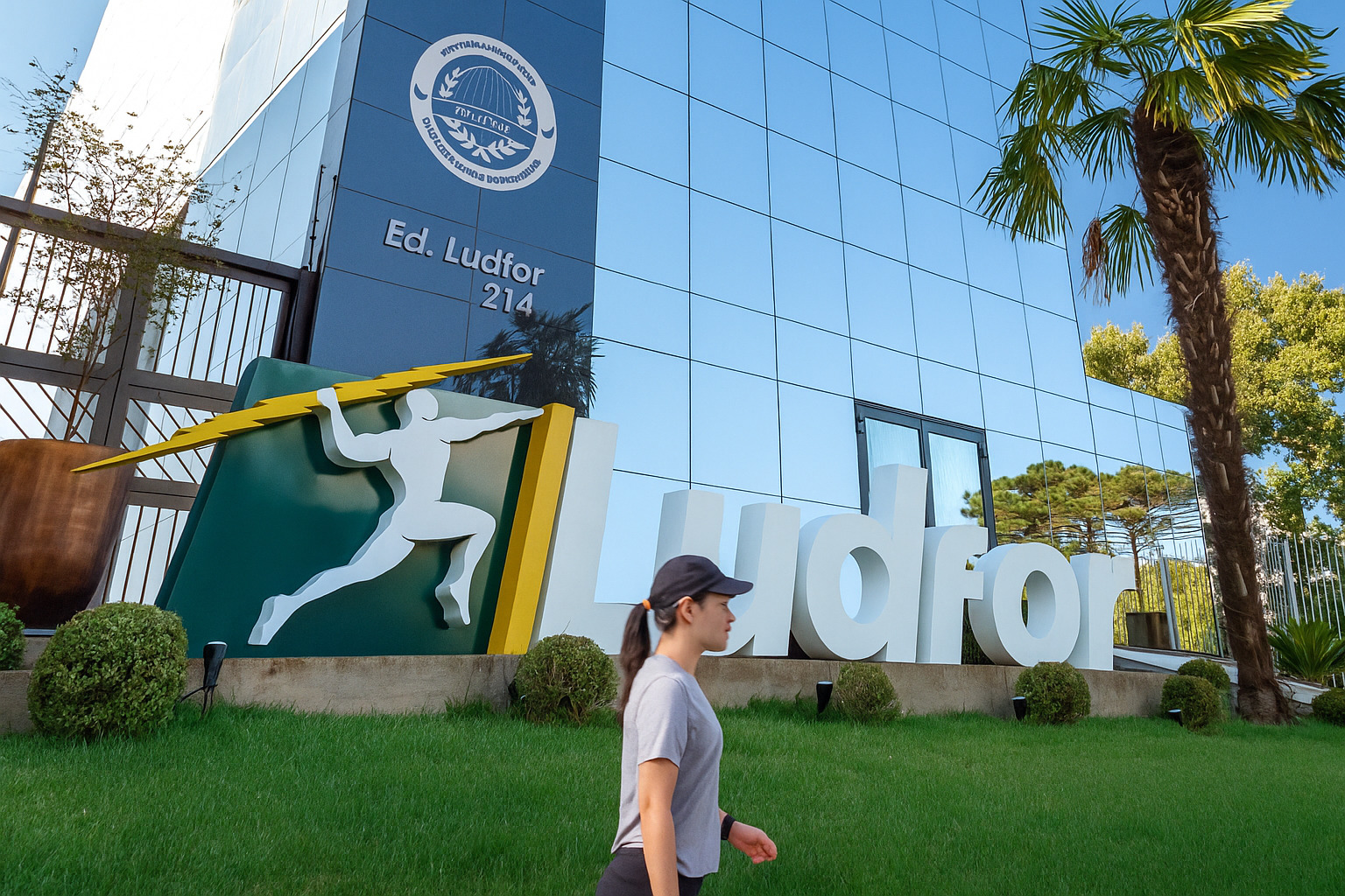 Fachada do edifício Ludfor com logotipo e pessoa caminhando no jardim.