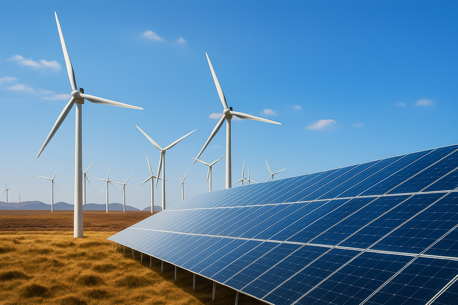 Painéis solares e turbinas eólicas em um campo iluminado pela luz do sol da tarde.