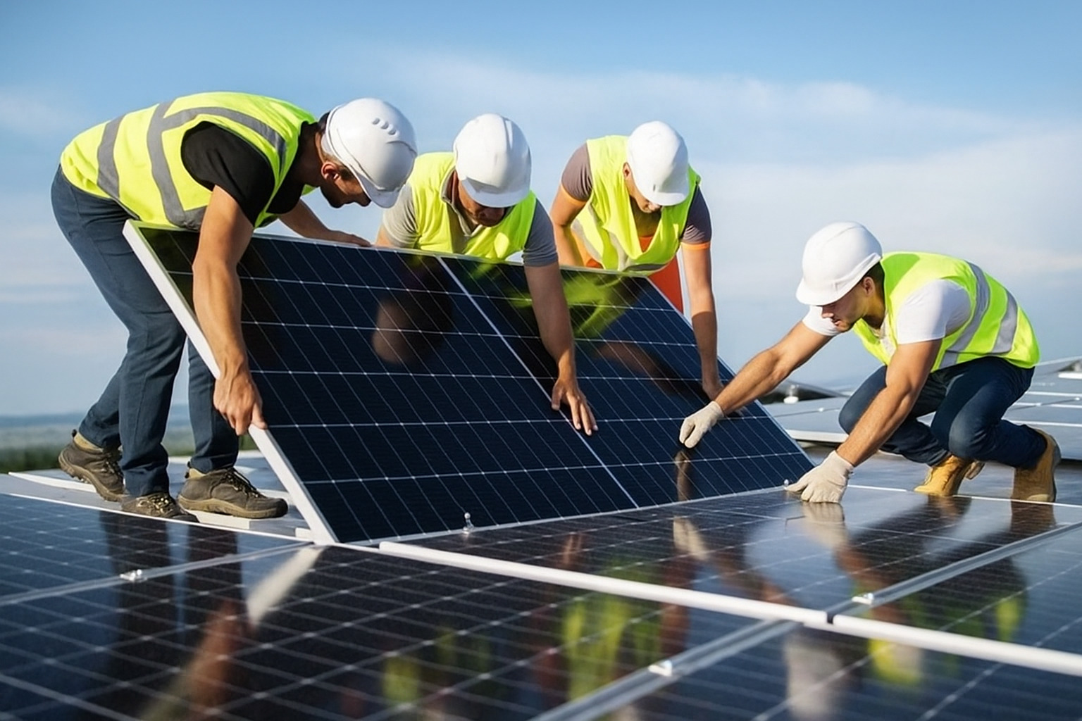 profissionais instalando painéis solares em um telhado sob céu azul.