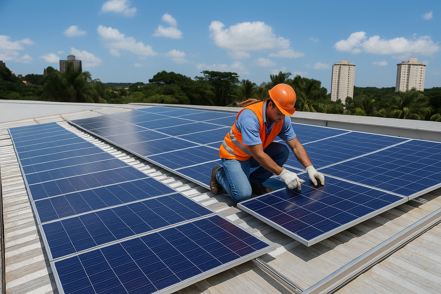 Profissional instalando painéis solares em telhado com céu limpo e poucas nuvens.