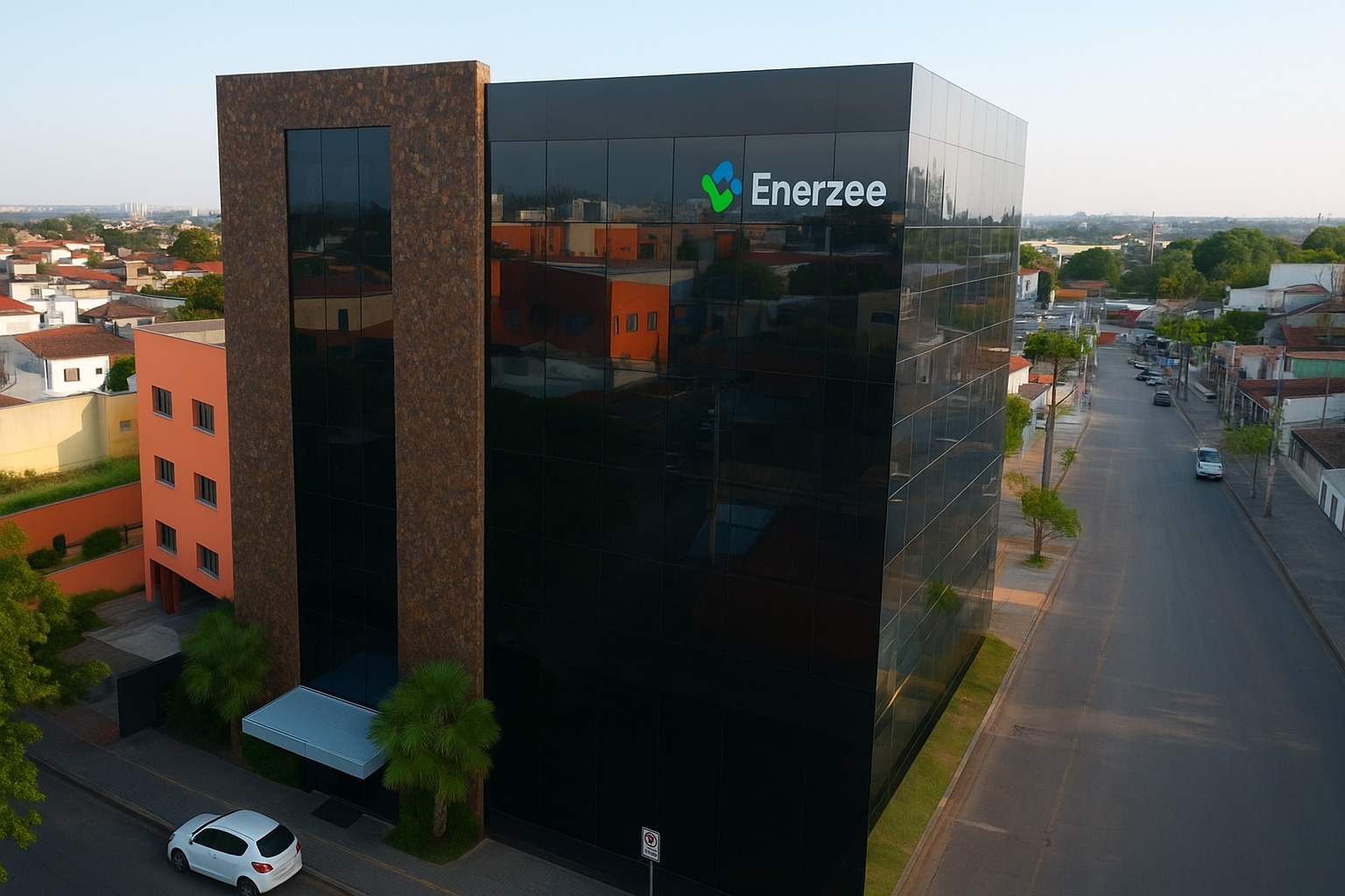 Fachada do prédio corporativo Enerzee vista de cima em formato paisagem.