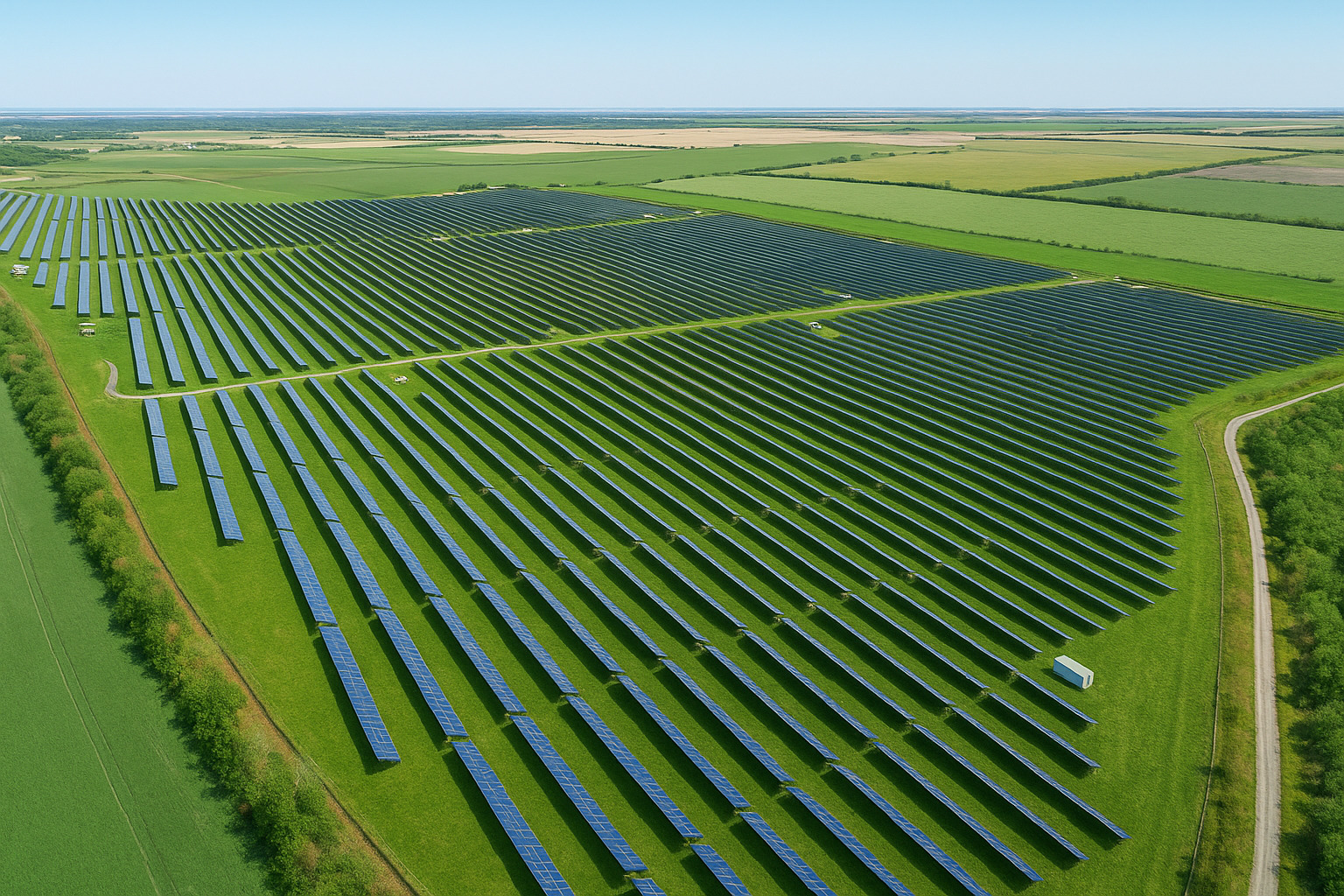 Vista aérea de uma grande fazenda solar ao meio-dia, com centenas de painéis fotovoltaicos alinhados em fileiras sobre campos verdes sob um céu claro.