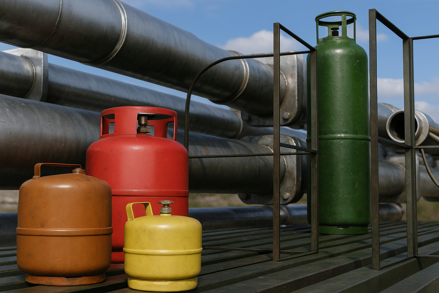 Botijões de gás de diferentes cores e tamanhos dispostos em área industrial com tubulações ao fundo.