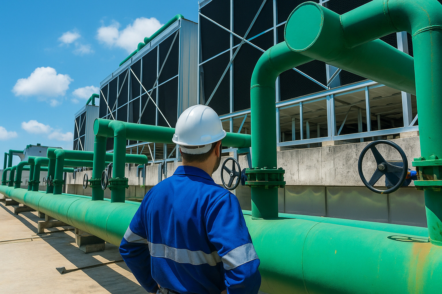 Trabalhador de capacete branco e uniforme azul inspeciona tubulações industriais verdes em uma planta com grandes estruturas metálicas ao fundo.