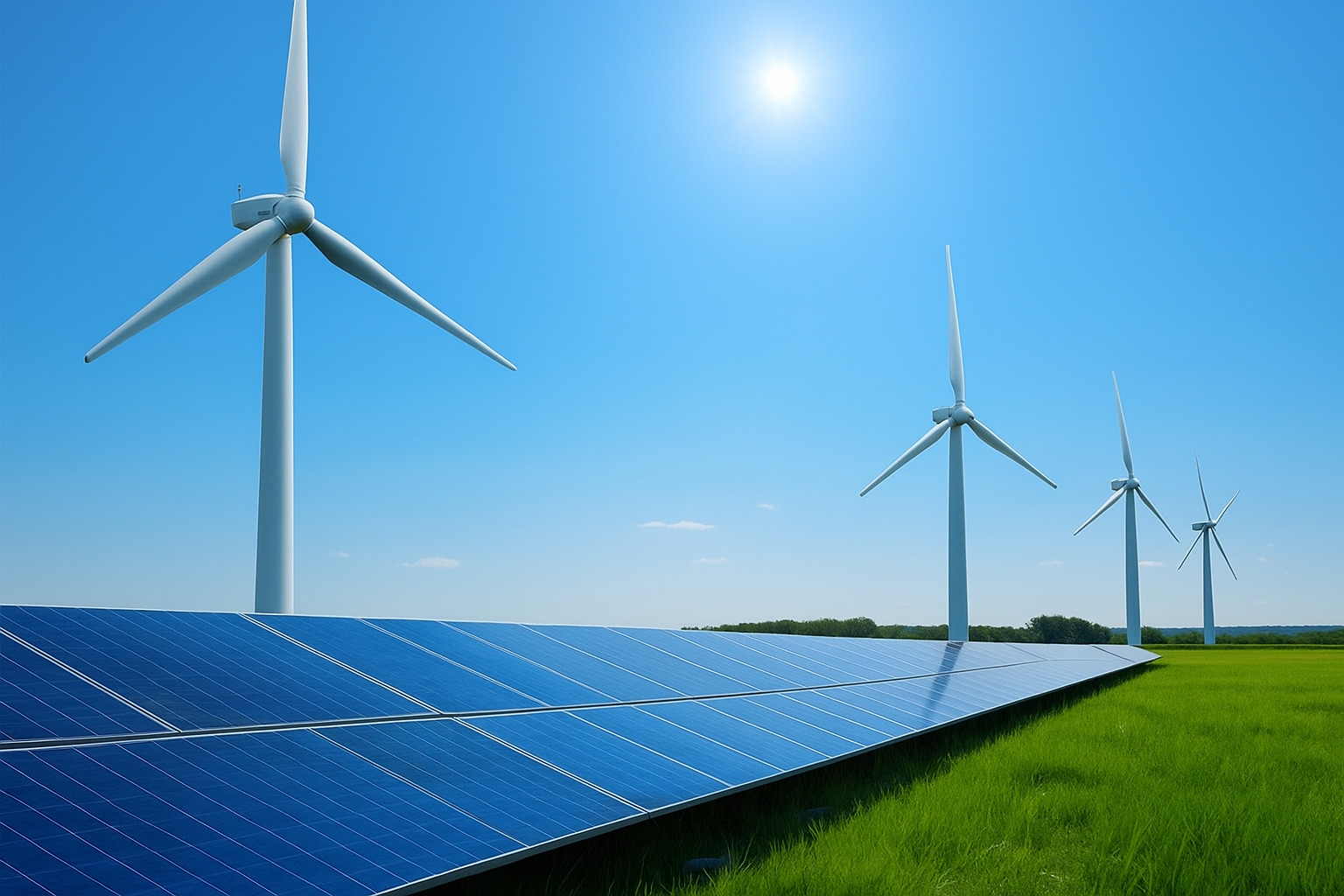 Painéis solares e turbinas eólicas em um campo verde sob céu azul com poucas nuvens ao meio-dia.