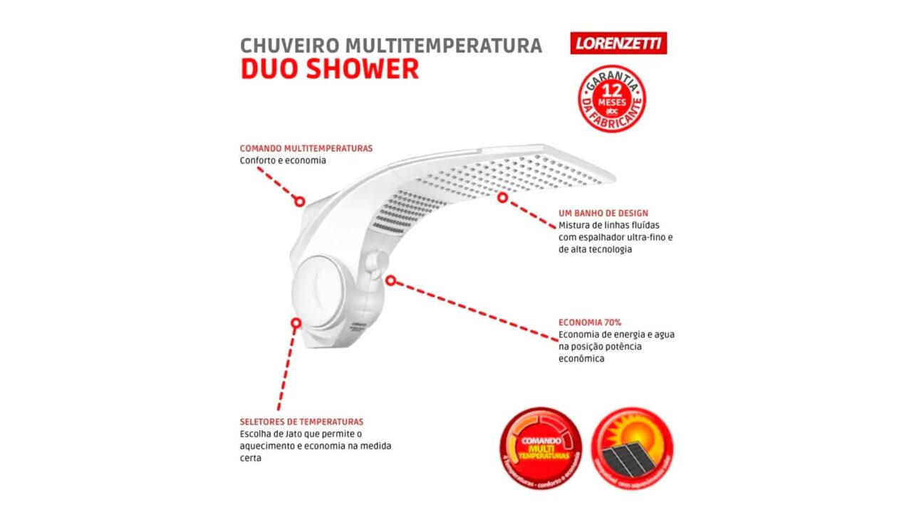 Descubra o novo chuveiro Lorenzetti Duo Shower Quadra com 7.500W, pressurizador e ducha dupla que transforma o banho no inverno.