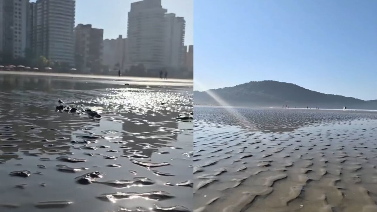 Moradores de Praia Grande registraram mar seco com recuo intenso do mar. Entenda o fenômeno da maré baixa e seus impactos.