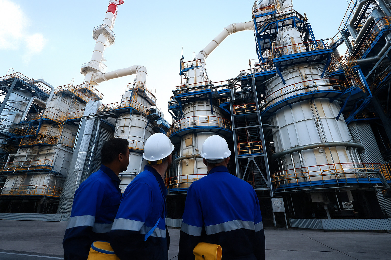 Três profissionais com uniformes azuis e capacetes de segurança observam estruturas industriais metálicas complexas, compostas por torres e tubulações.