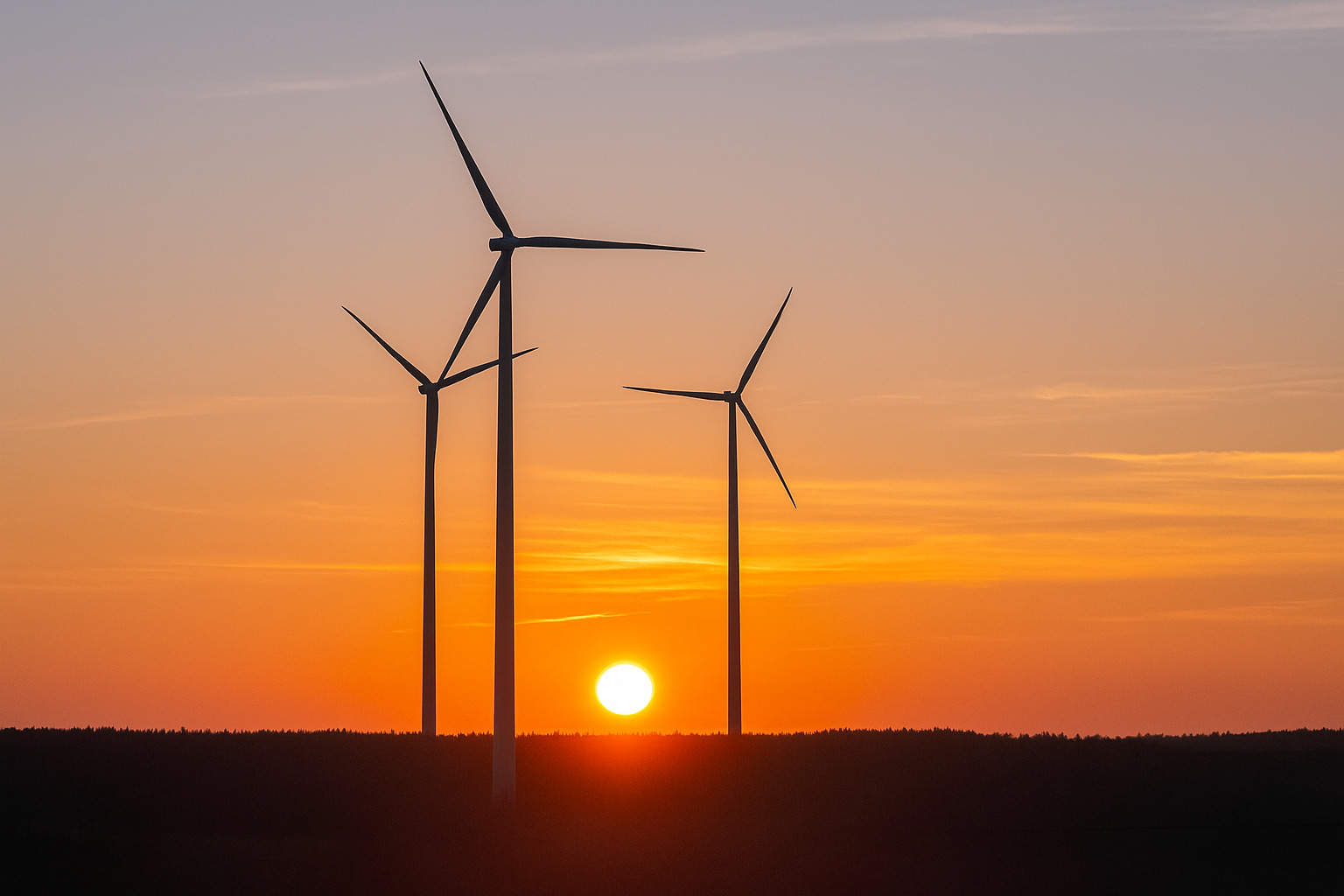 Três turbinas eólicas em funcionamento ao amanhecer com o sol nascendo no horizonte.