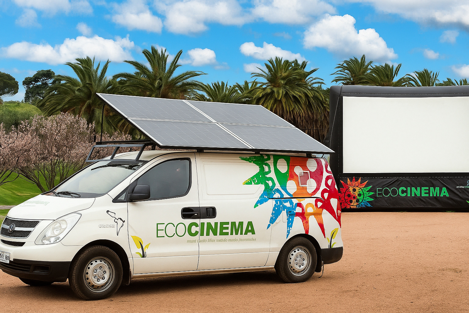 Van do projeto EcoCinema com painéis solares no teto estacionada ao ar livre, ao lado de uma tela inflável, sob céu de meio-dia com nuvens.