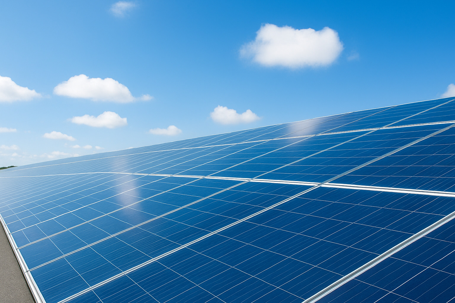 Painéis solares vistos de uma perspectiva ampla sob um céu azul com poucas nuvens.