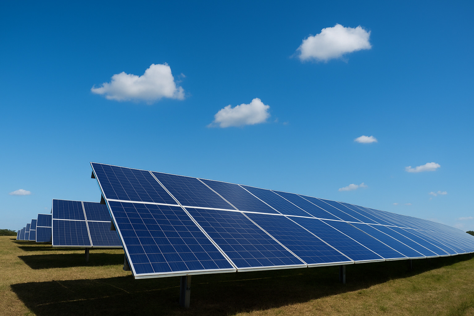 Painéis solares em um campo sob um céu limpo com poucas nuvens.