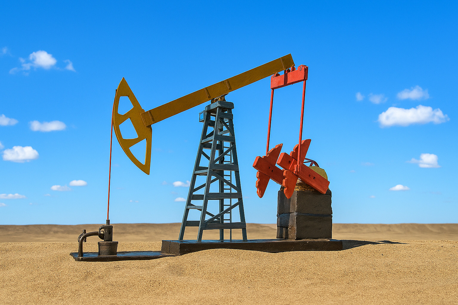 Bomba de extração de petróleo funcionando ao meio-dia com céu azul e poucas nuvens.